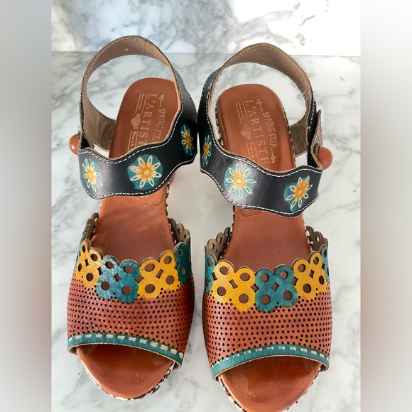 L’Artiste Spring Boho Step Leather Floral Heeled Sandals Artsy Jive Hippie 39 - Picture 6 of 9